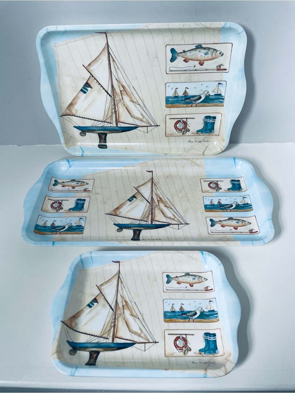 Vintage Alie Kruse Kolk Melamine Serving Trays Nautical Set of 3 Made in Italy